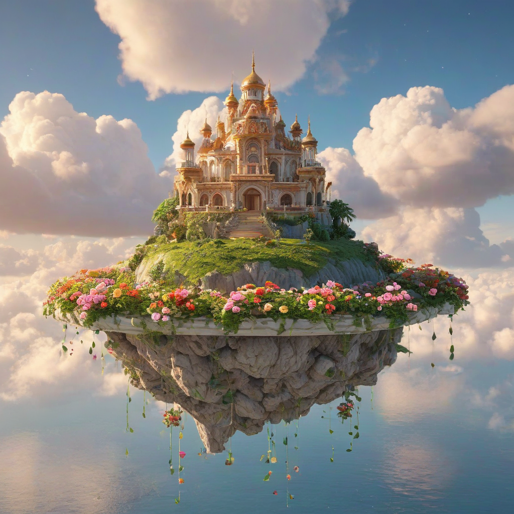 A beautiful, serene floating island, Rose, with lush green vegetation and vibrant colorful flowers, surrounded by a few puffy white clouds, in a warm, soft, golden light, with a subtle, gentle glow, in a wide shot, full-body view, with the entire island visible, on a plain white background, in a Baroque style, with intricate details and ornate patterns, and a sense of depth and dimensionality