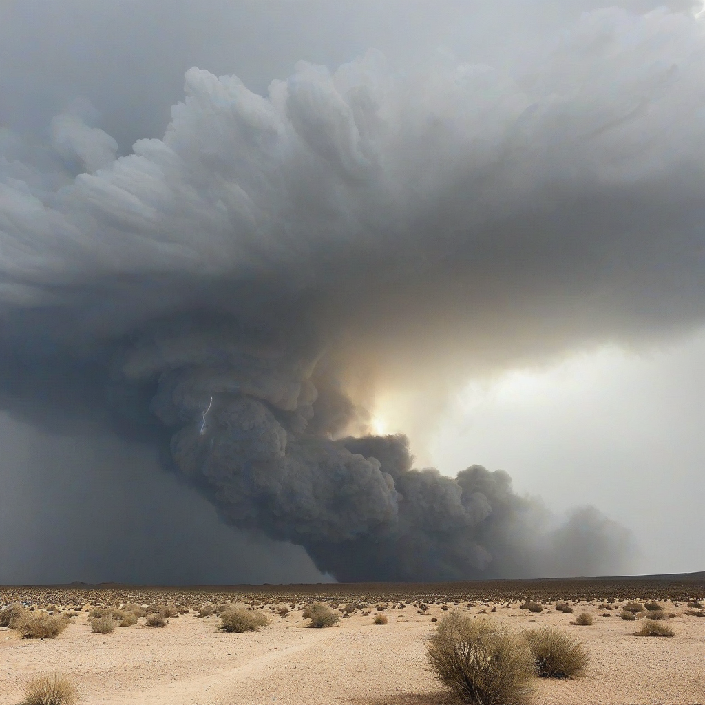 desert landscape with intense storm lighting and wild fires, wide shot, full-body view, on a plain white background