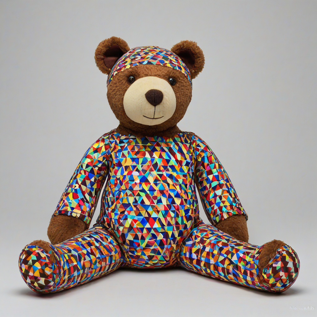 Op Art with triangles, vibrant colors, brown teddy bear, full-body view, on white background