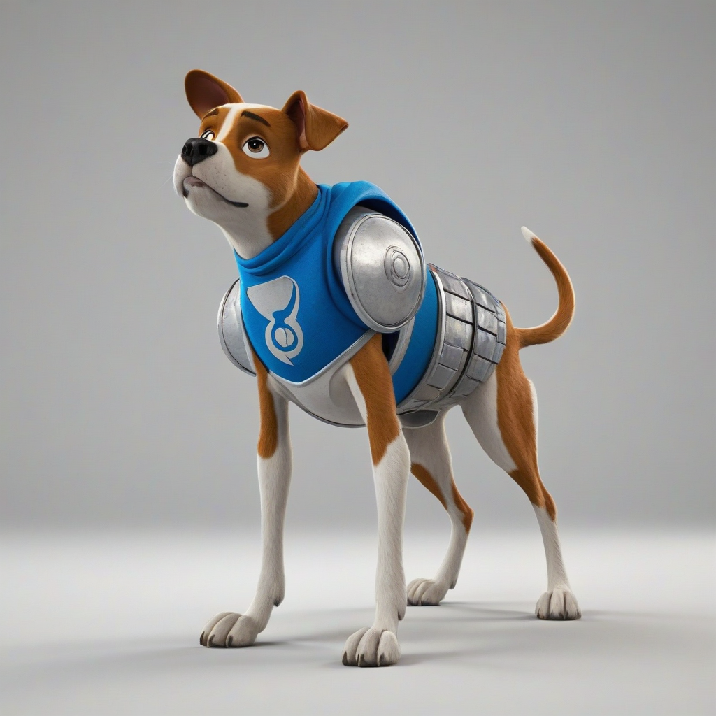 3d animation style super hero dog, standing on all four legs, in a Disney animation style, on a plain white background, even lighting