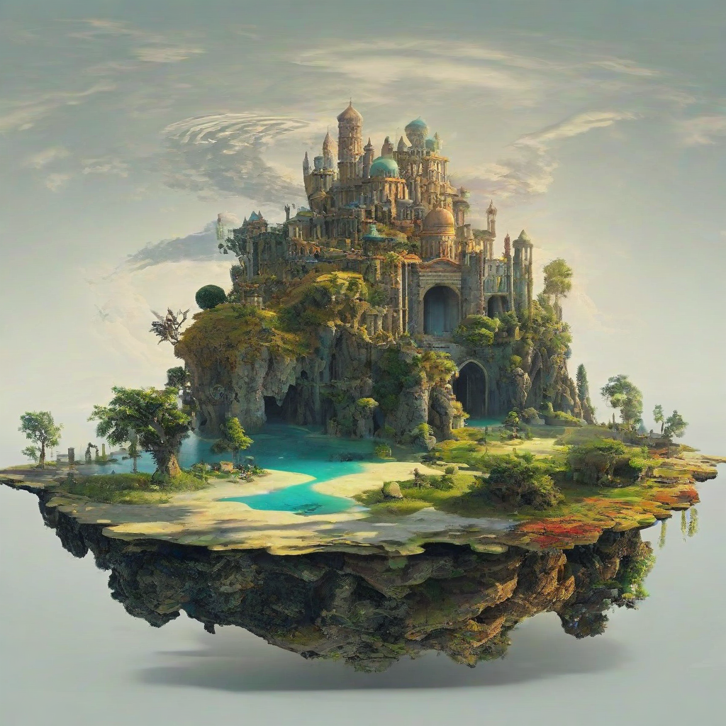 A mystical, colorful, floating island, with a wide shot, full-body view, set against a plain white background, in the style of Renaissance art, with dramatic lighting and dynamic shadows, and intricate details