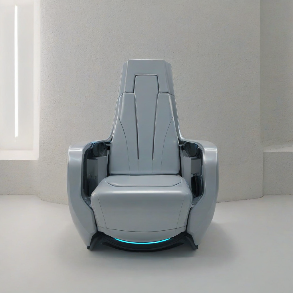 A futuristic, gray, metallic throne with a high back and armrests, set against a plain white background, in a wide shot with the throne's feet visible, with a sci-fi style and a sense of advanced technology integrated into its design, with subtle lighting and shadows to accentuate its details