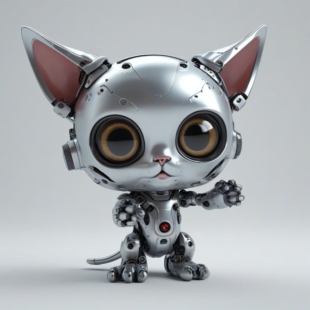 3d cartoon animation, metal colored, cute robotic baby kitten, big eyes, short body, rounded features, tiny nose, showing the mechanics of the kitten's insides, on a plain white background, even lighting