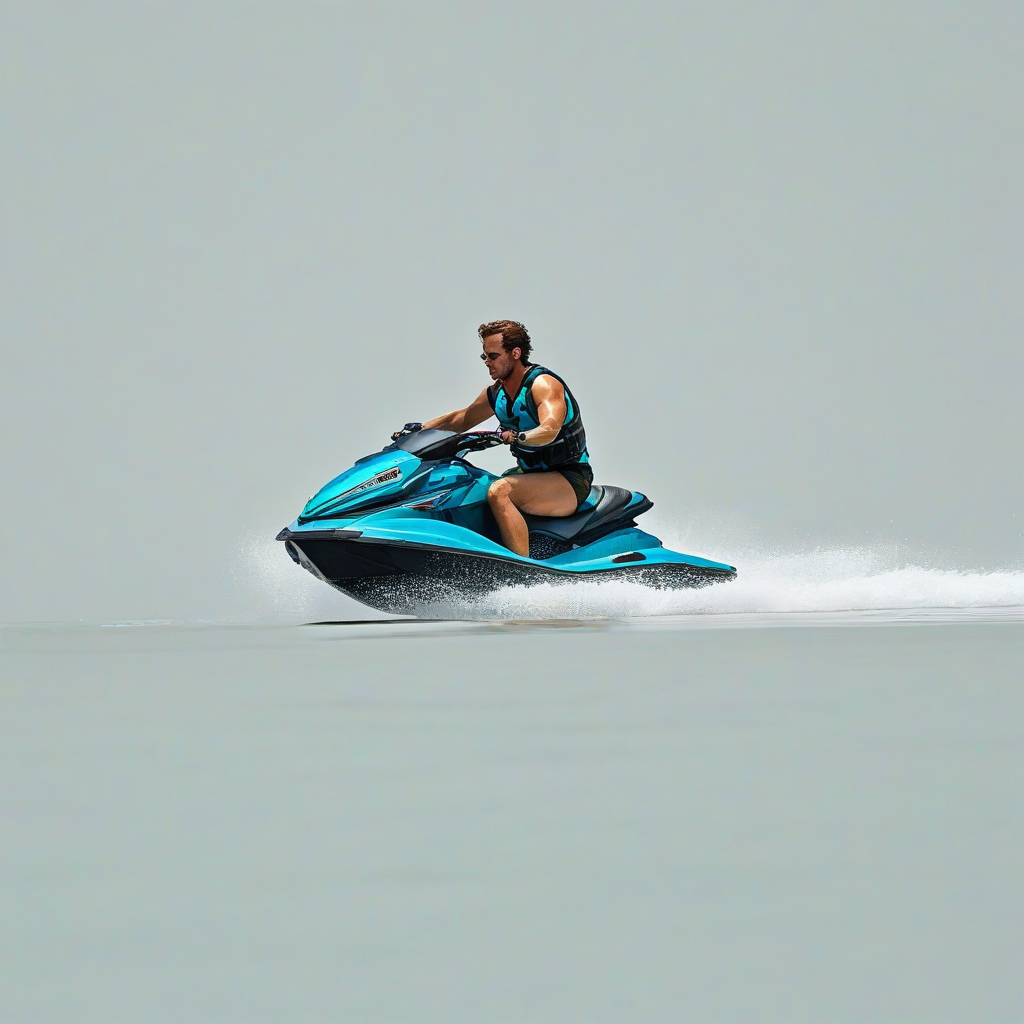 A full-body view of a cyan-colored jet ski in a wide shot, with a pixel art style, set against a plain white background, with bright and vibrant colors, and a sense of dynamic movement, as if it's sailing through the water