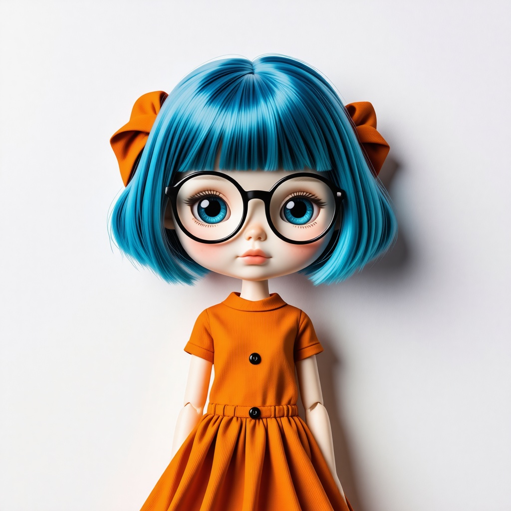 A doll with glasses and blue hair and a orange dress