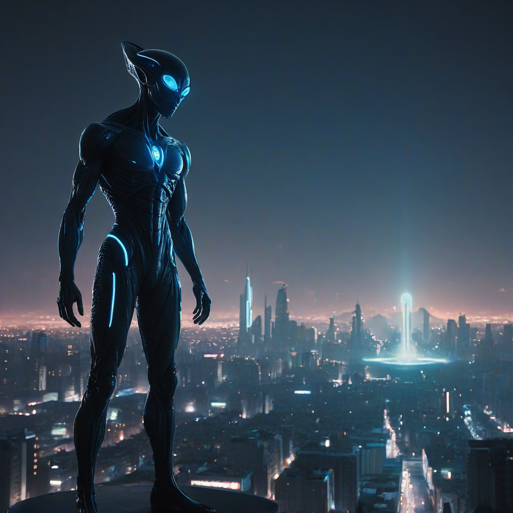 A blue, full-body, wide shot, alien with a futuristic, neon-lit cityscape in the background, in a film noir style, with a dark and moody atmosphere, dynamic shadows, and a hard rim light, on a plain white background, on a plain white background, even lighting