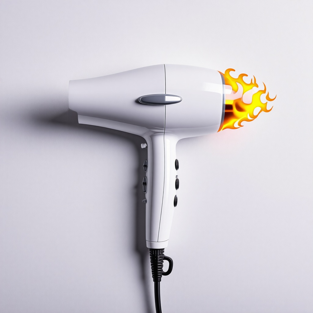 A white hair dryer with hotrod flames on the nozzle