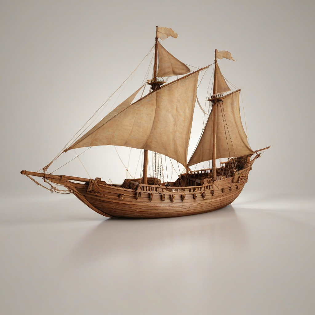 A medieval ship with tan sails, full-body view, on a plain white background, with a wide shot, and dynamic shadows, in the style of digital art, with a warm backlight, on a plain white background, even lighting 