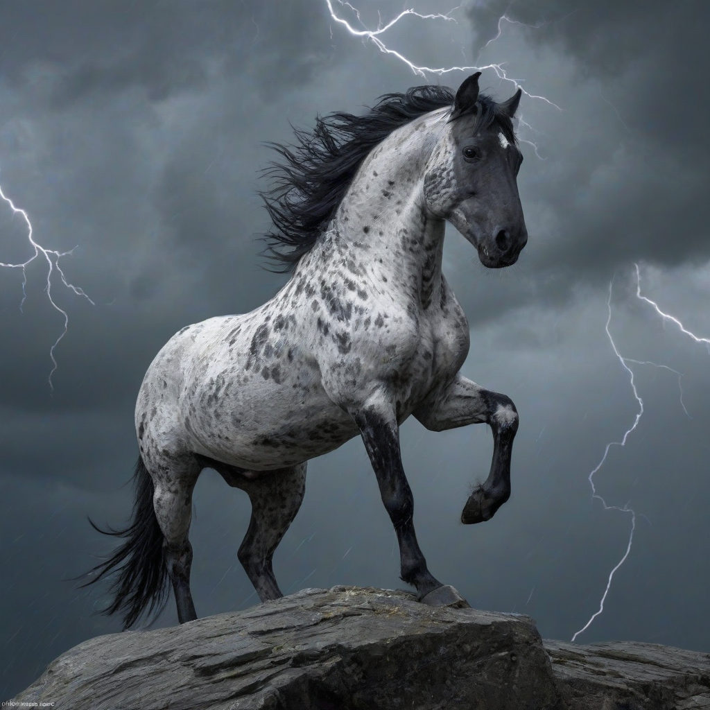 A black and white horse in a full-body view, rearing up on a rocky cliff edge with its front legs lifted high, set against a dramatic background of a thunderstorm with dark grey clouds, lightning illuminating the sky, and a plain white background is not desired, instead the cliff and stormy sky are the focus, digital art style with bold brushstrokes and vibrant textures, wide-angle shot with the horse as the main subject, dynamic lighting with the storm's backlight highlighting the horse's muscles