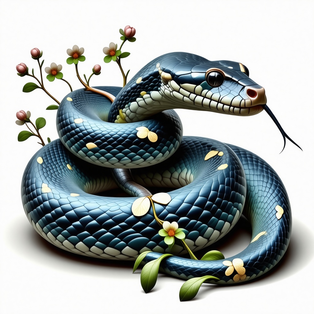Colorful snake with patterns of white vines with flowers running down it's back