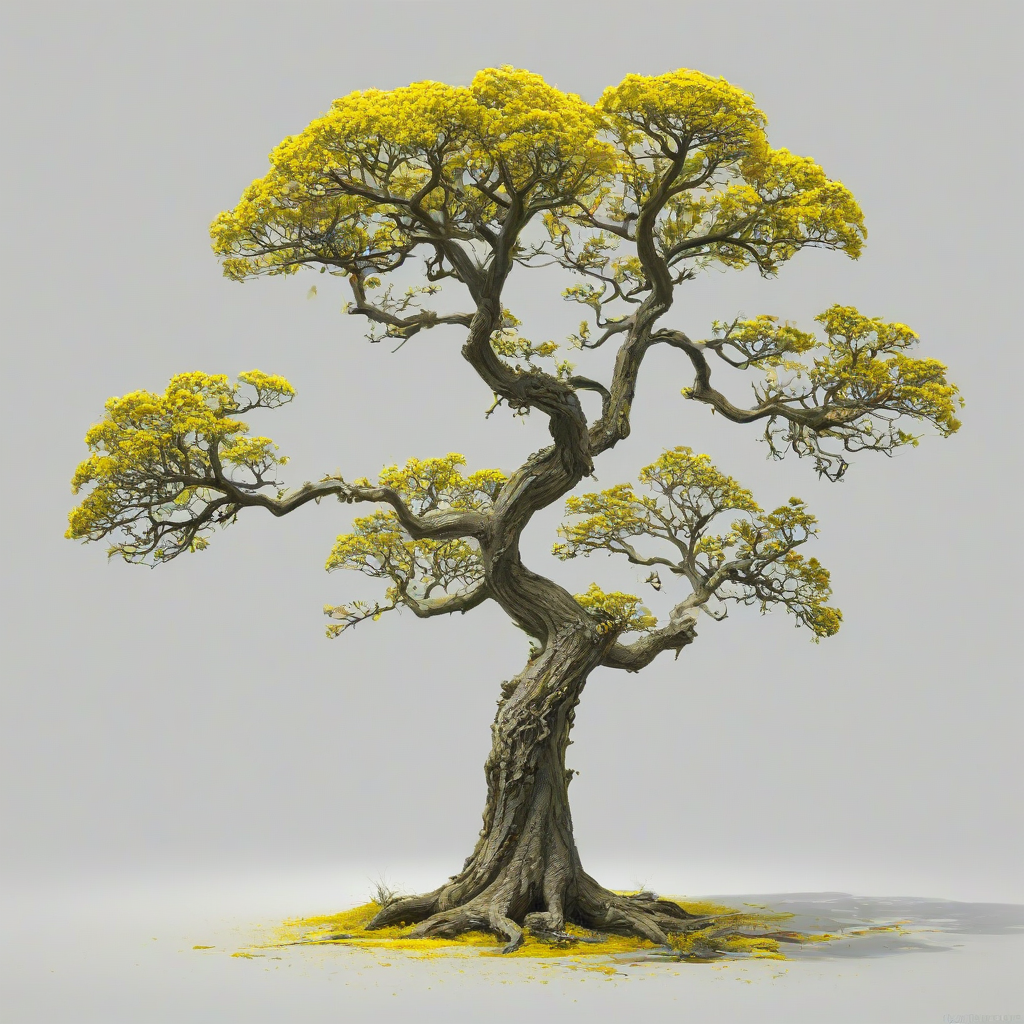 full-body view of an enchanted tree named Mustard, with a wide shot, on a plain white background, digital art style