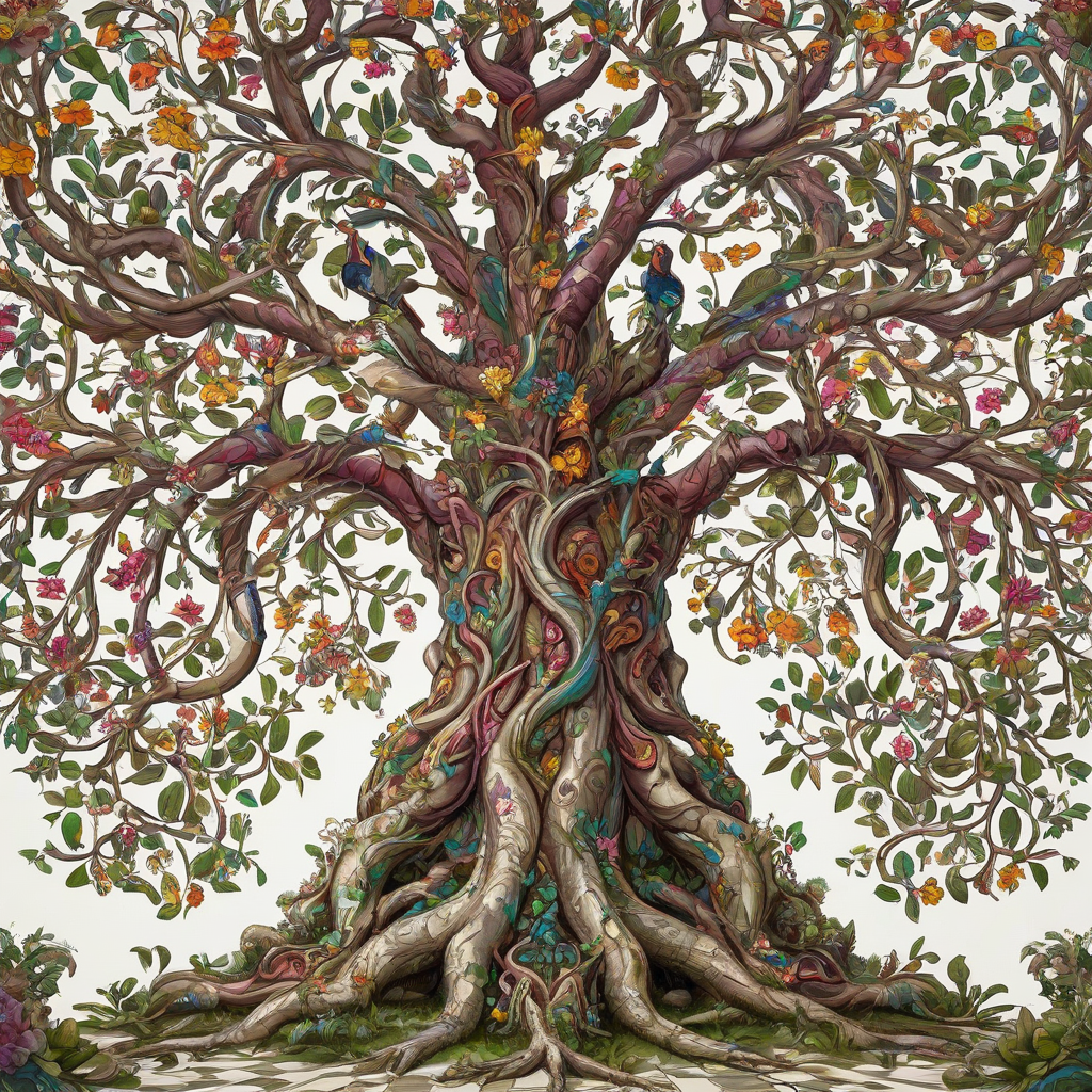A majestic, enchanted tree named Plum, with a sturdy trunk and sprawling branches, adorned with vibrant, glowing leaves and colorful, exotic flowers, set against a plain white background, in a Baroque style, with intricate details and ornate patterns, full-body view, wide shot, with the tree's roots visible, and a soft, warm lighting, with dynamic shadows, on a plain white background, even lighting