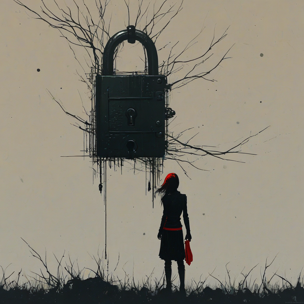 Digital silhouette art of something locked, include a giant lock and a scene bustling with details, accent black and red colors, Michael Whelan and Jeremy Mann influenced art styles