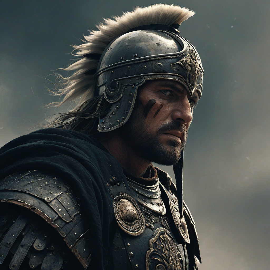 Facial Close up Digital art of a Centurion warrior wearing dramatically billowing robes, the warrior is walking towards the camera, his head is bowed down, deep black accent color, Michael Whelan and Jeremy Mann influenced art styles, intense mood