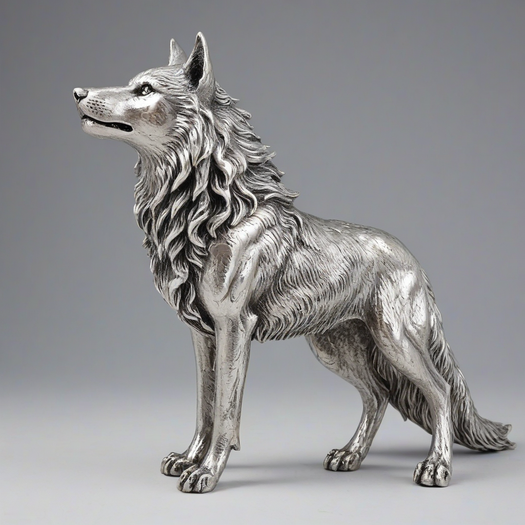 Renaissance style silver wolf, full-body view, on a plain white background
