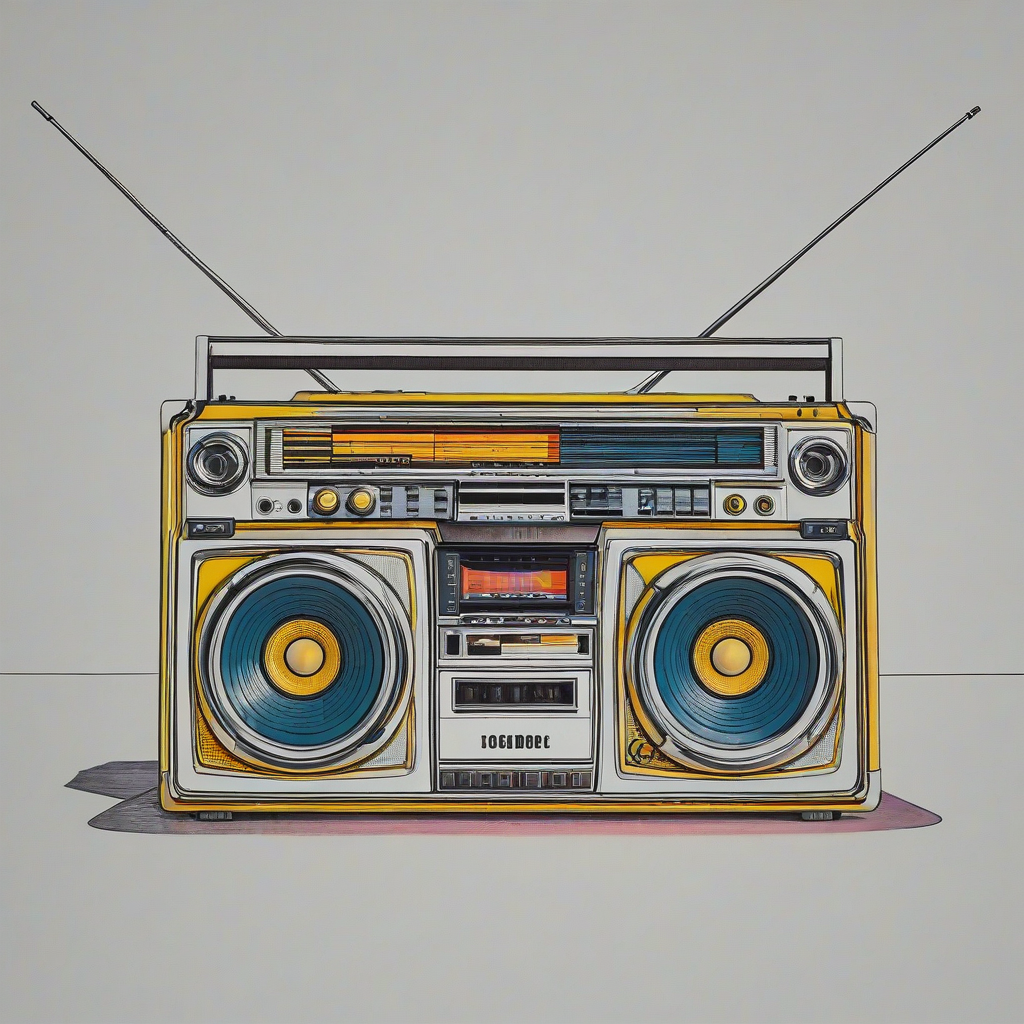 1980's style boom box, pop art style coloring, on a plain white background, even lighting