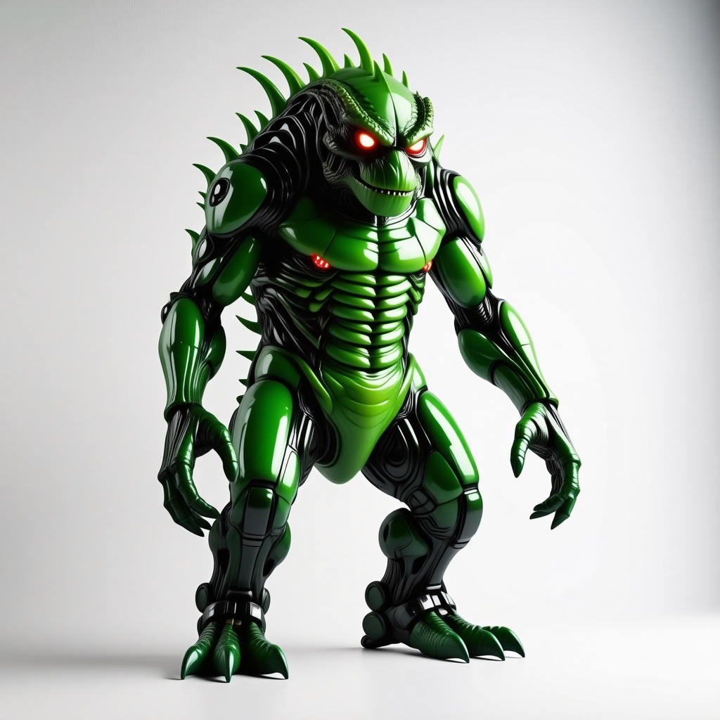 A large, green, industrial monster with metallic scales and glowing red eyes, standing in a wide shot with its feet visible, set against a plain white background, in a digital art style with dynamic shadows and a hard rim light