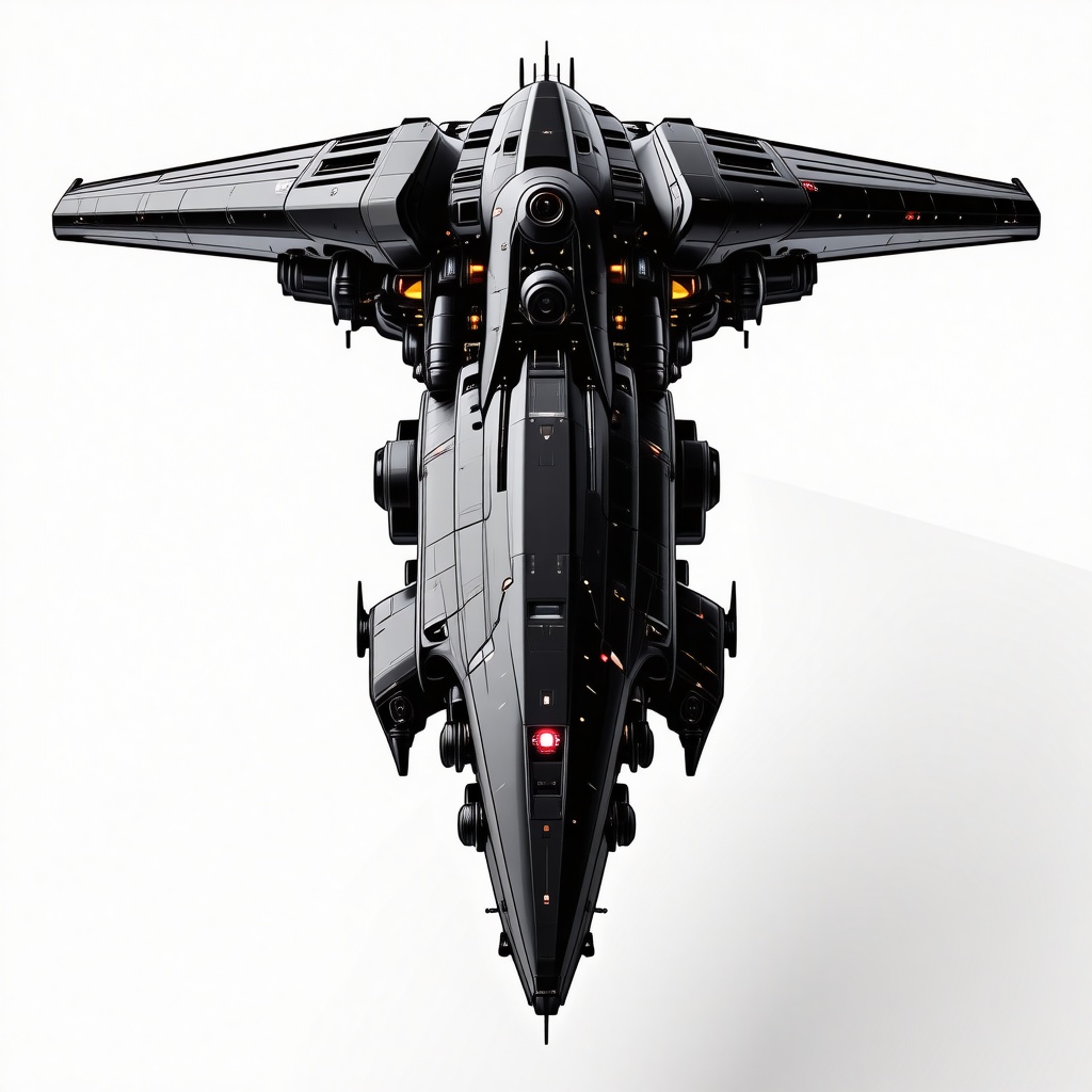 a black, futuristic biopunk ship, with metallic and organic elements, full-body view, wide shot, on a plain white background, with dynamic shadows and a hard rim light, in the style of a digital illustration