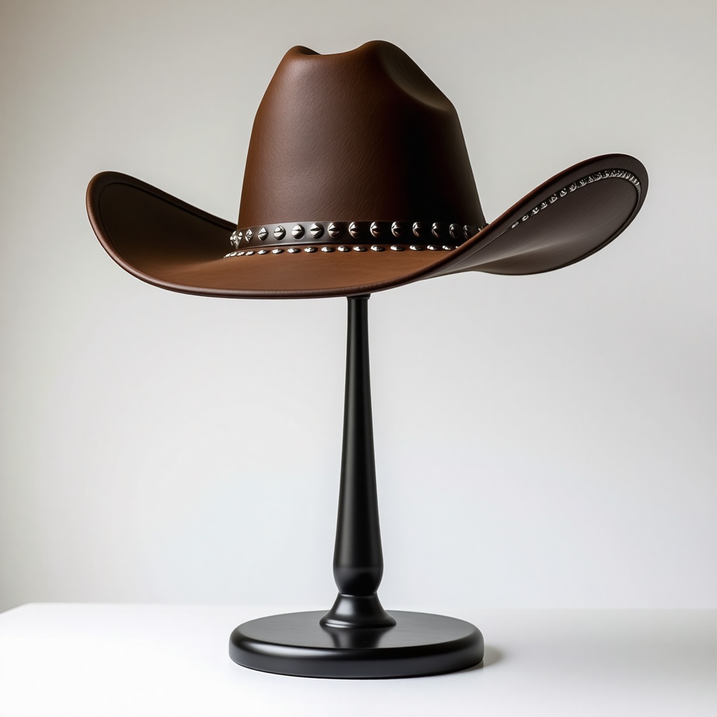 A hat stand with a cowboy hat on it. The cowboy hat is decorated in studded metal along the brim