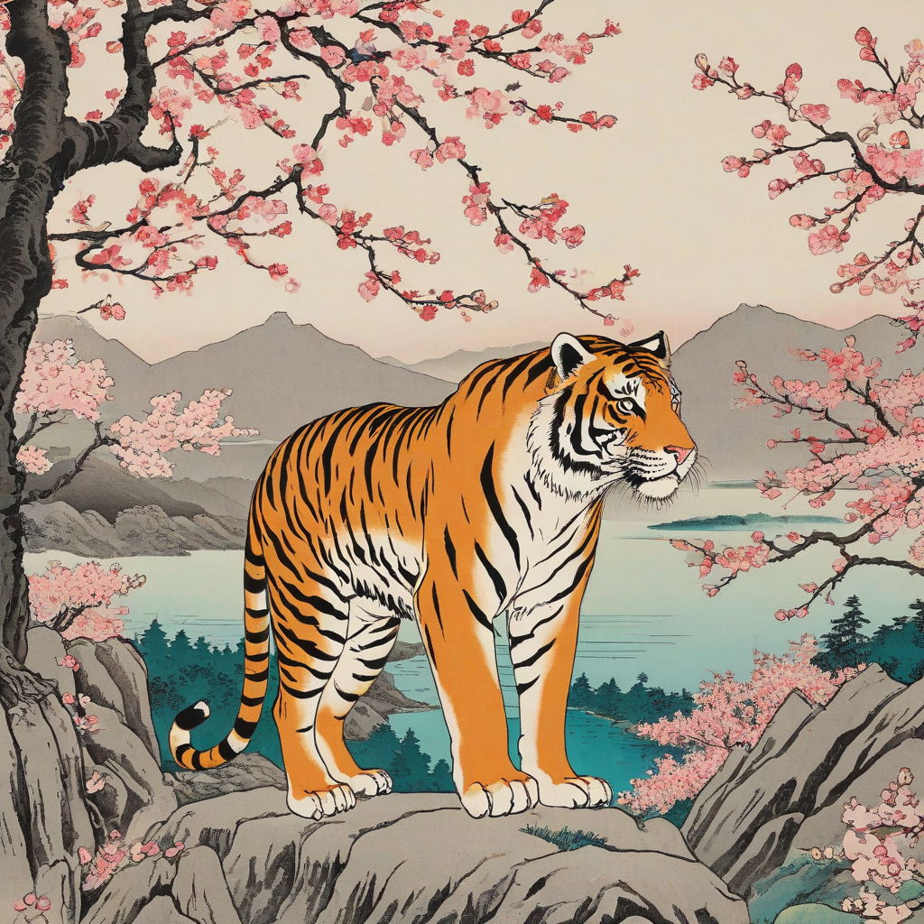 Ukiyo-e style Japanese artwork of a majestic tiger in a full-body view, standing on a rocky cliff overlooking a serene landscape with cherry blossom trees, with bold black outlines and vibrant colors, in a wide shot with its feet visible