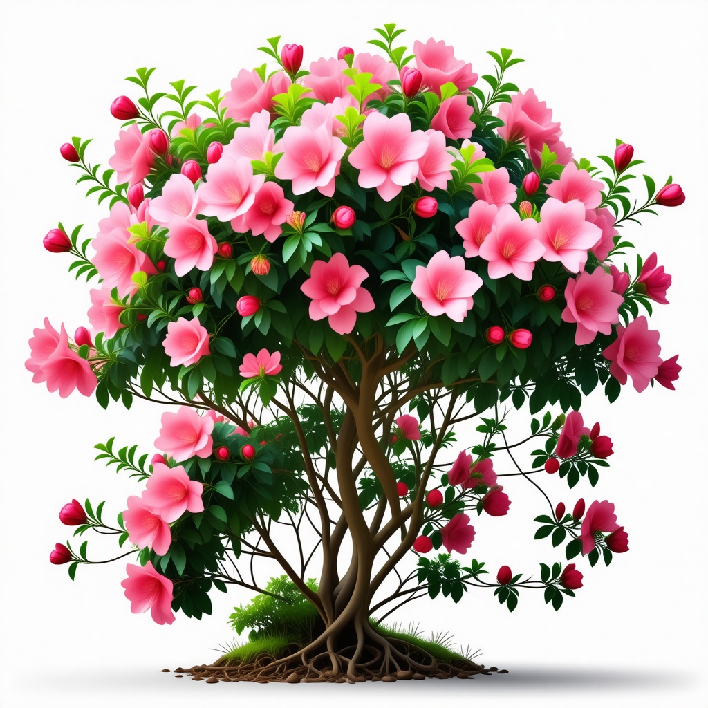 A realistic, full-body view of a lush azalea bush, covered in vibrant, pink flowers with delicate petals, against a plain white background, with soft, natural lighting and subtle shadows, in a photographic style