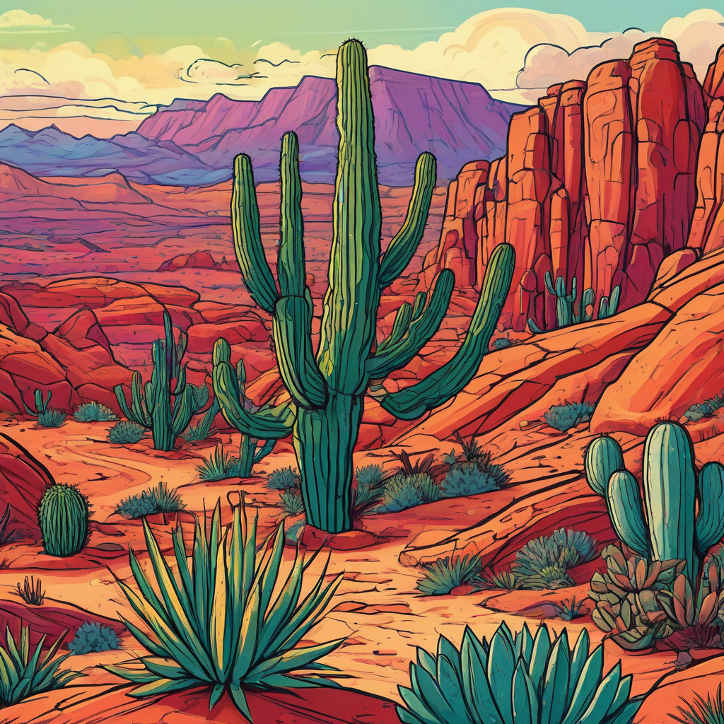 Cartoon style desert setting, with vivid colors, bold lines, with red rocks and cactus