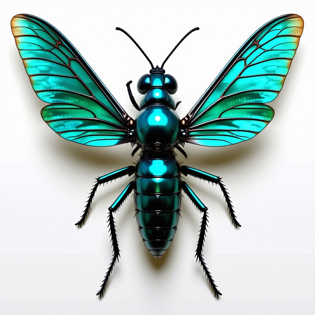 a full-body view of a teal-colored, intricately detailed insect, with iridescent wings and a metallic exoskeleton, set against a plain white background, in a dark fantasy style, with dramatic shadows and intense lighting, reminiscent of a mystical and ancient forest