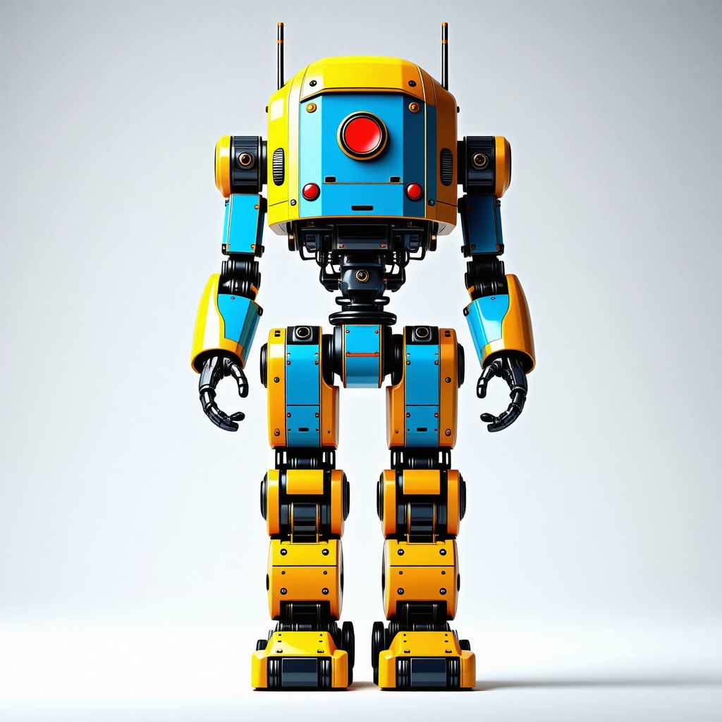 A large, detailed, full-body view of a futuristic industrial robot, set against a plain white background, in the style of Pop Art, with bold lines, bright colors, and Ben-Day dots, incorporating the Azure color palette, with a focus on the robot's mechanical limbs and body, in a wide shot, with a slight low-angle perspective, emphasizing the robot's size and presence