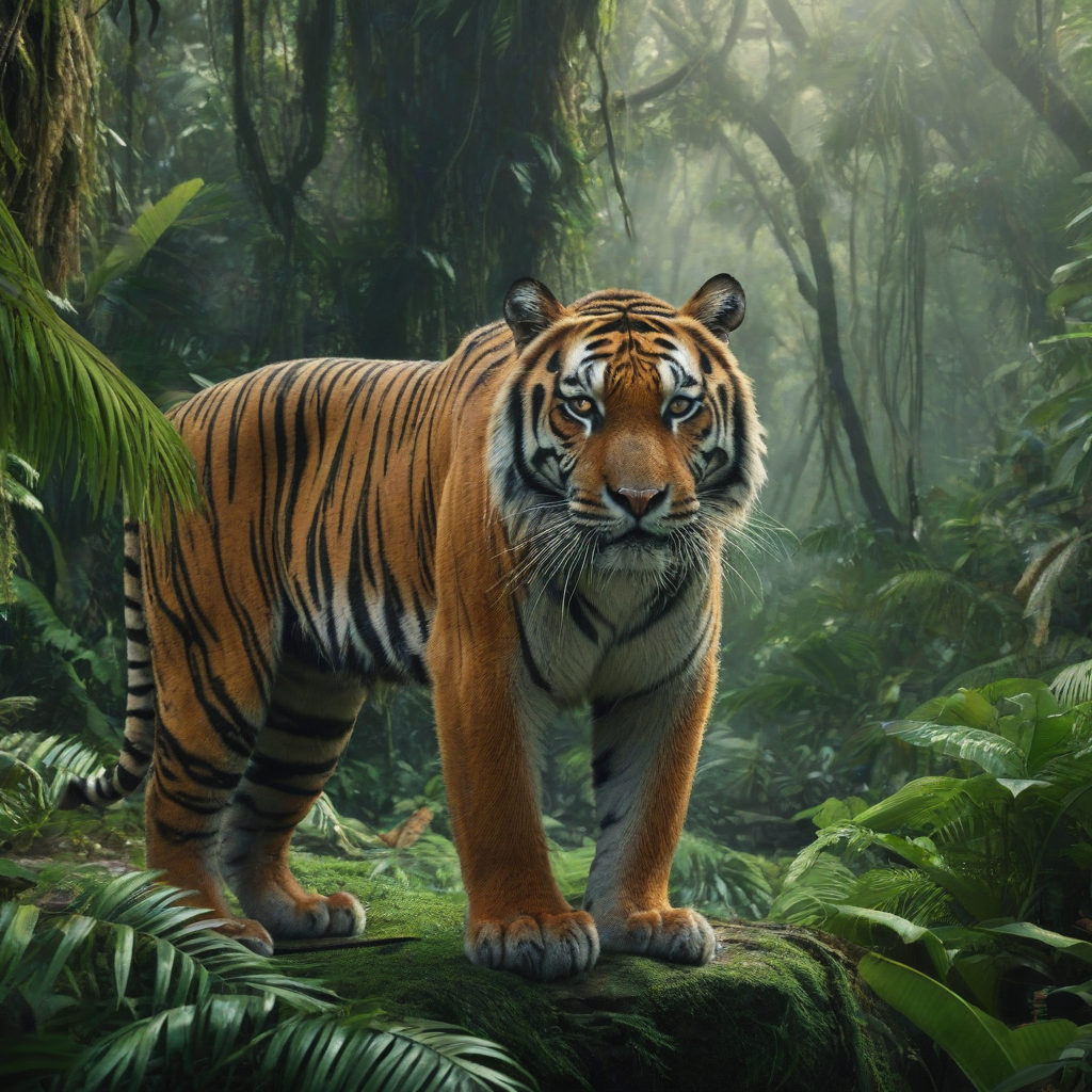 Cinematic realism of a tiger in a rainforest