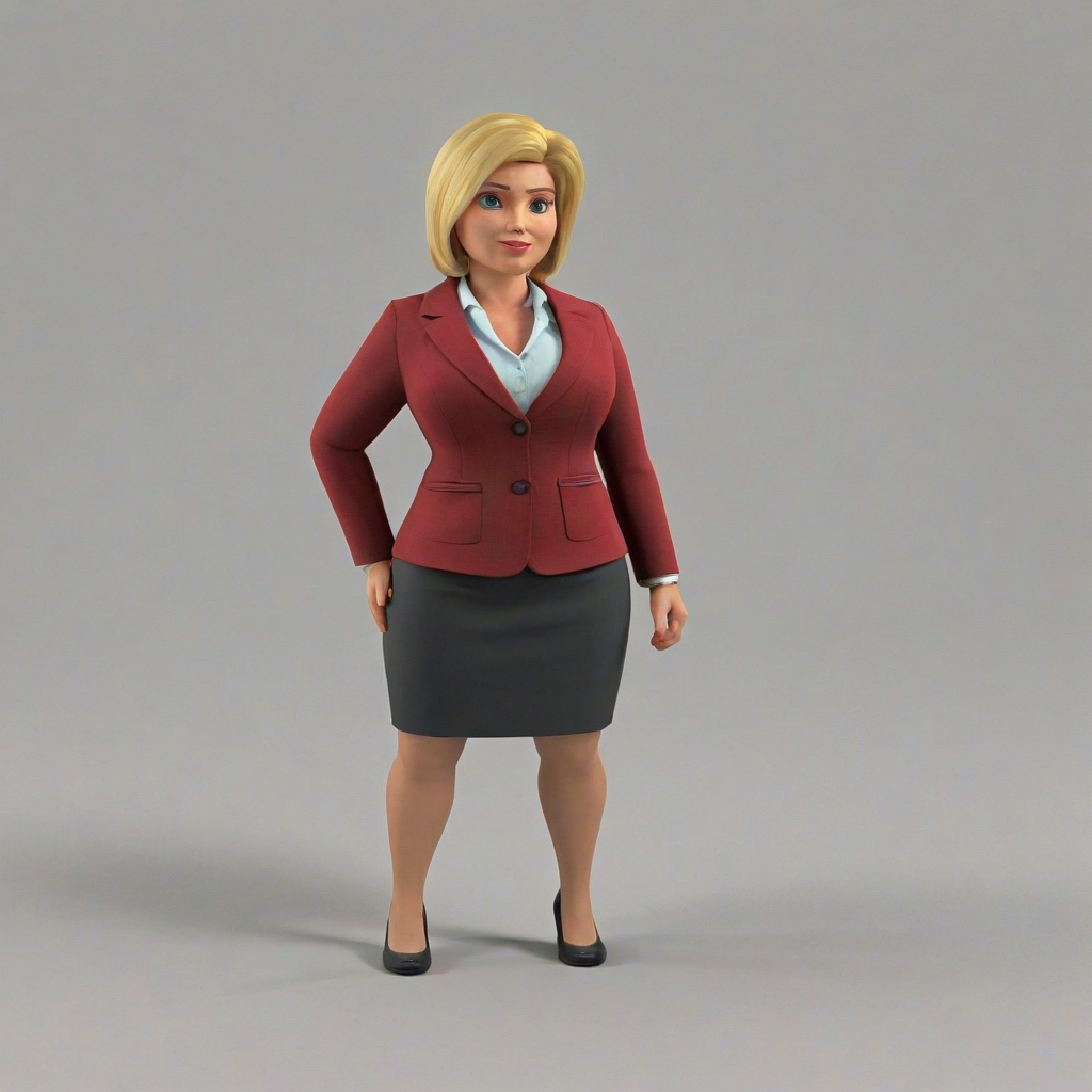 3d cartoon animation of a short, overweight, blonde hair, middle aged, female office worker, wearing a red skirt and blazer, on a plain white background, even lighting