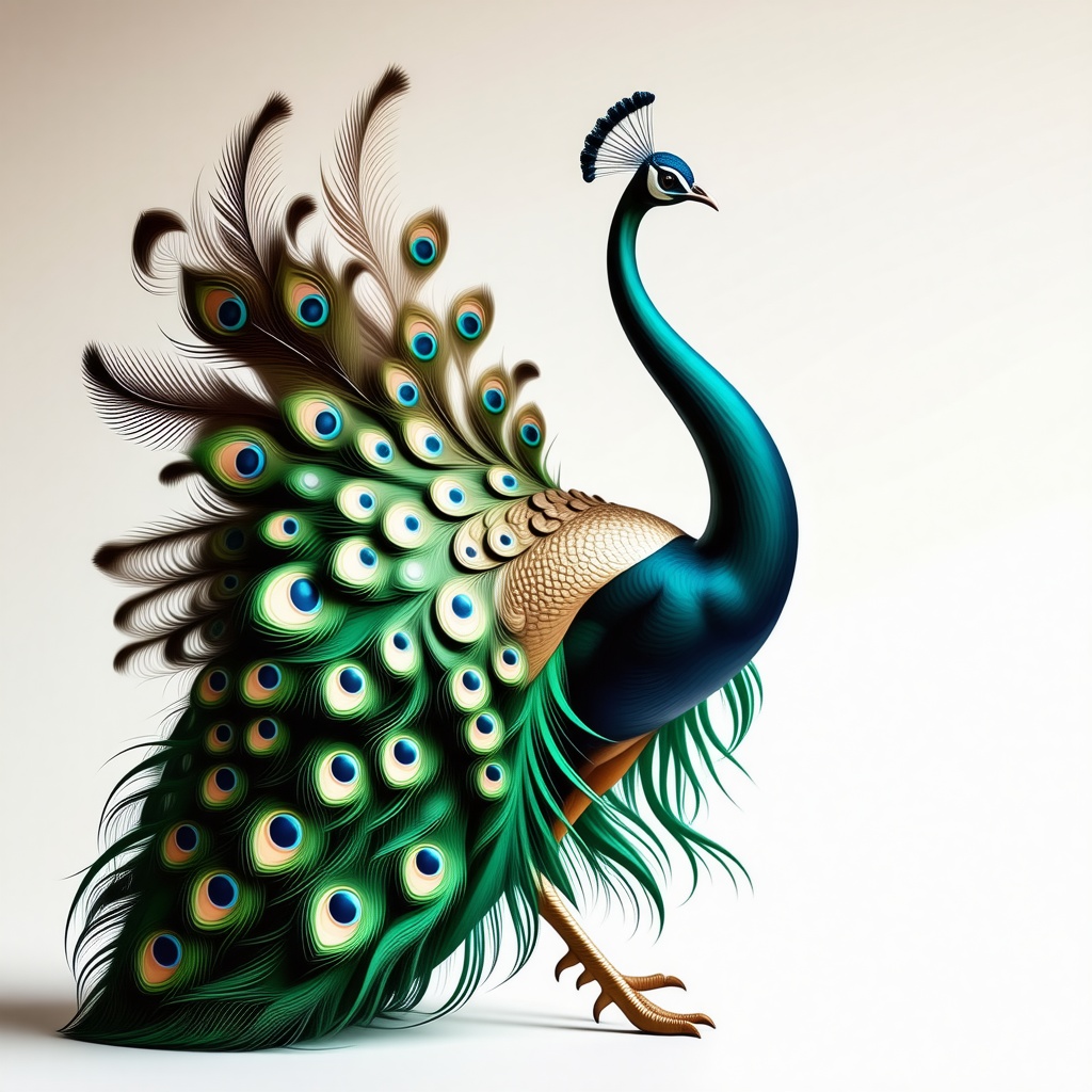 A full-body view of a gold-plated, intricately detailed peacock, with vibrant feathers and a regal demeanor, set against a plain white background, in the style of Rococo art, with soft, delicate lighting and ornate textures