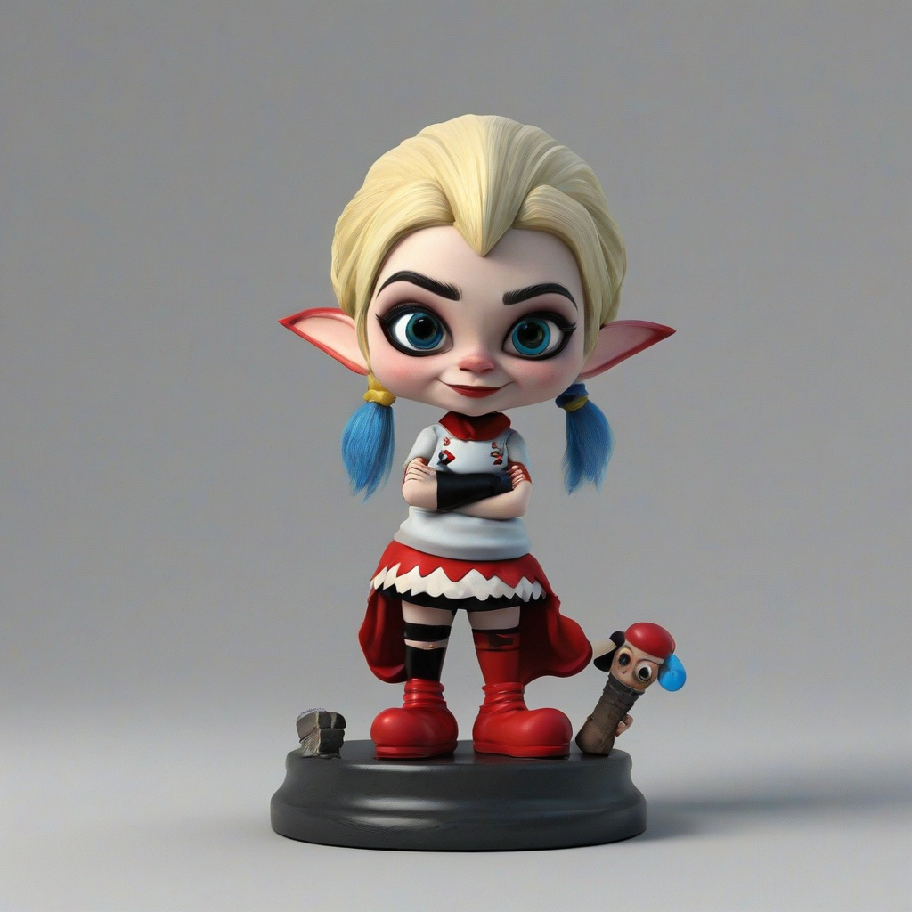 3d animation cartoon Harley Quinn gnome, on a plain white background, even lighting