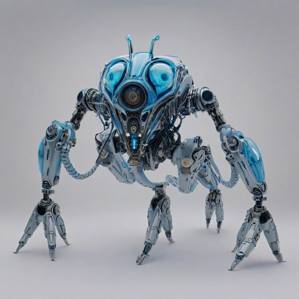 A full-body view of a biomechanical creature with a predominantly blue color scheme, incorporating elements of vaporwave art style, set against a plain white background, with a wide shot composition and soft, diffuse lighting, emphasizing the creature's mechanical and organic components in a futuristic and dreamlike atmosphere, on a plain white background, even lighting