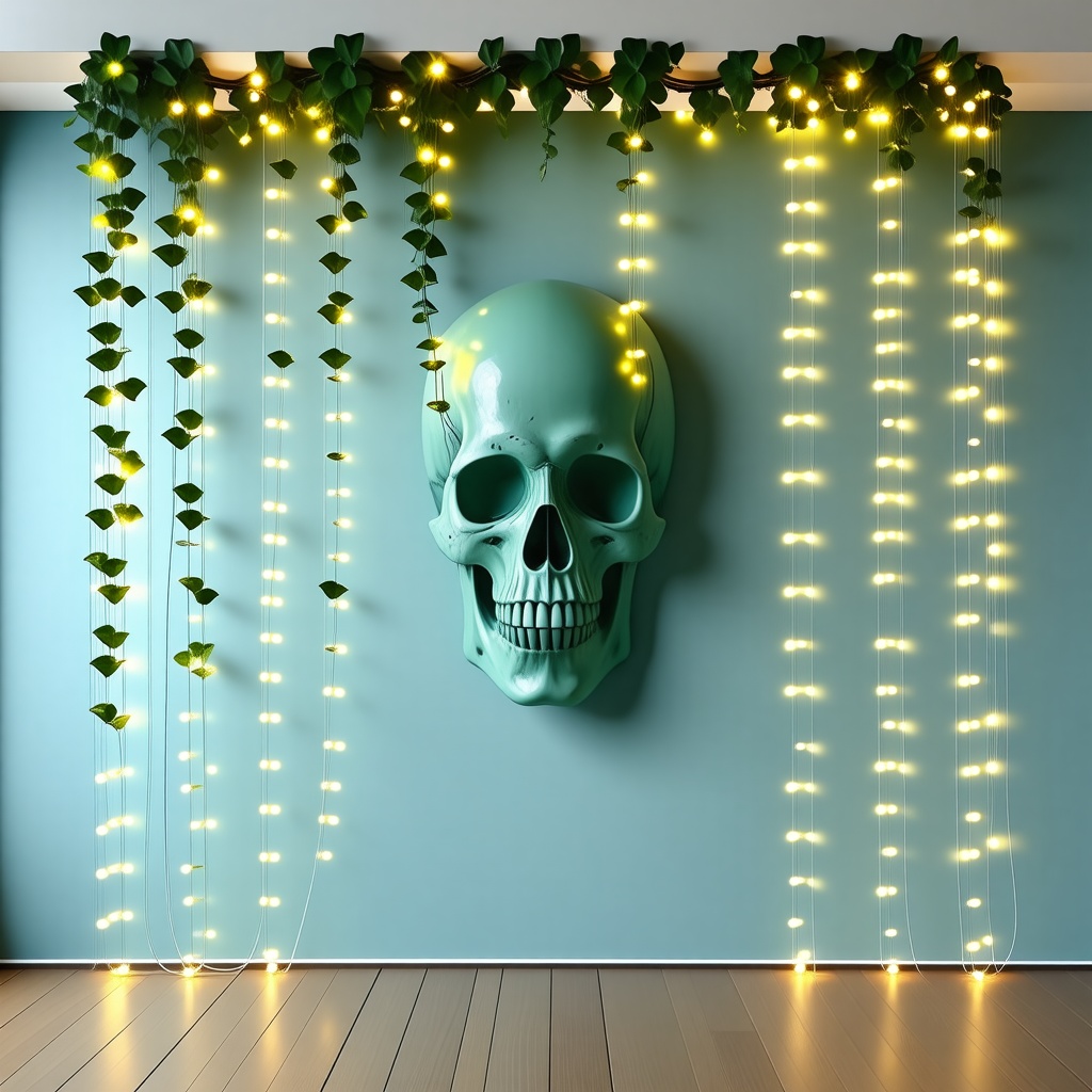 A cute aquamarine wall with fake vines decorating it. There is a string of fairy lights that make out the image of a skull on the wall