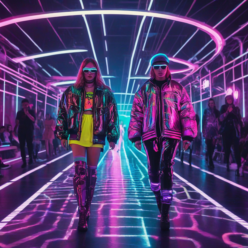 Digital retro wave art style fashion show on catwalk with neon lights and synthwave patterns