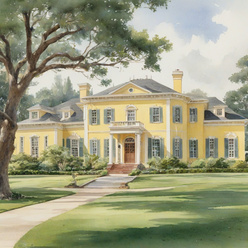 A large, colonial style mansion with a light yellow exterior, wide shot, full-body view, with a sprawling lawn and tall trees in the background, on a plain white background, with a bright and sunny atmosphere, in the style of a watercolor painting, on a plain white background, even lighting 