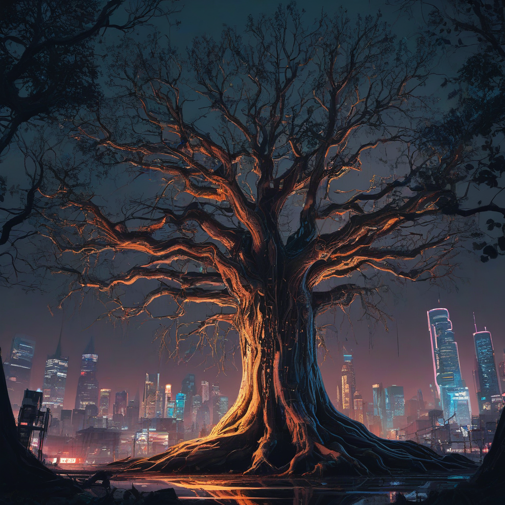 A majestic, enchanted tree with a thick, tan trunk, set against a dark, gritty cyberpunk cityscape at dusk, with neon lights reflecting off the tree's bark, in a wide shot with the tree's roots and branches fully visible, on a plain white background, digital art style, high contrast, vibrant colors