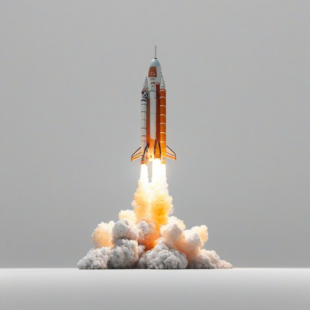 A rocket launching with thick fire and smoke, in a wide shot, with the entire rocket visible from base to tip, on a plain white background, in a digital art style with bold lines and vibrant colors, on a plain white background, even lighting