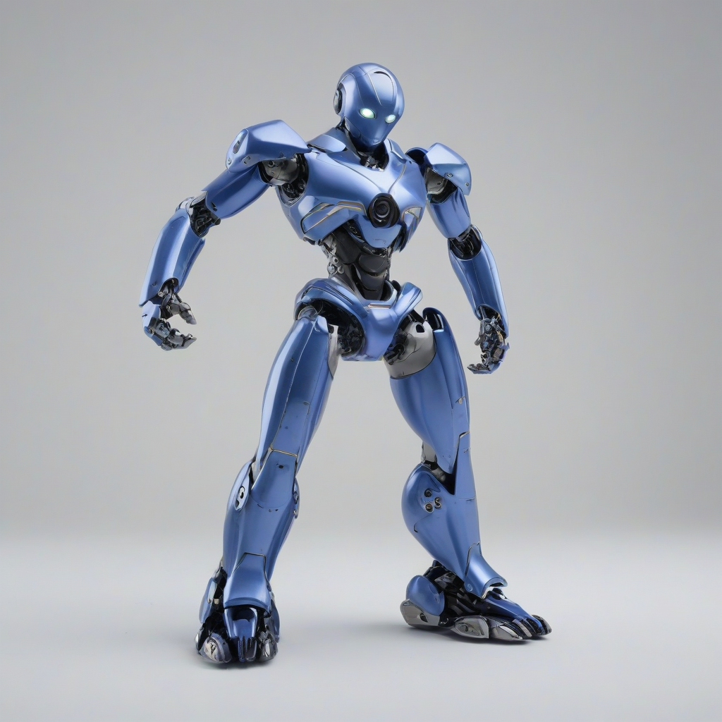 A futuristic robot with a periwinkle blue metallic body, standing in a wide shot with its feet visible, set against a plain white background, in the style of modernist architecture with clean lines and minimal ornamentation, with dynamic shadows and a soft, diffused light, full-body view