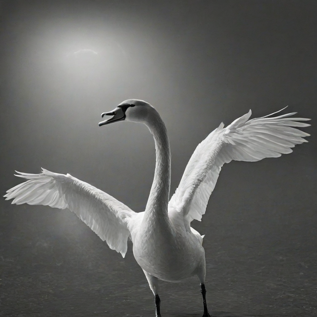 Black and white photograph of a swan, black background, dramatic camera angle, dramatic lighting, slight dust in the air