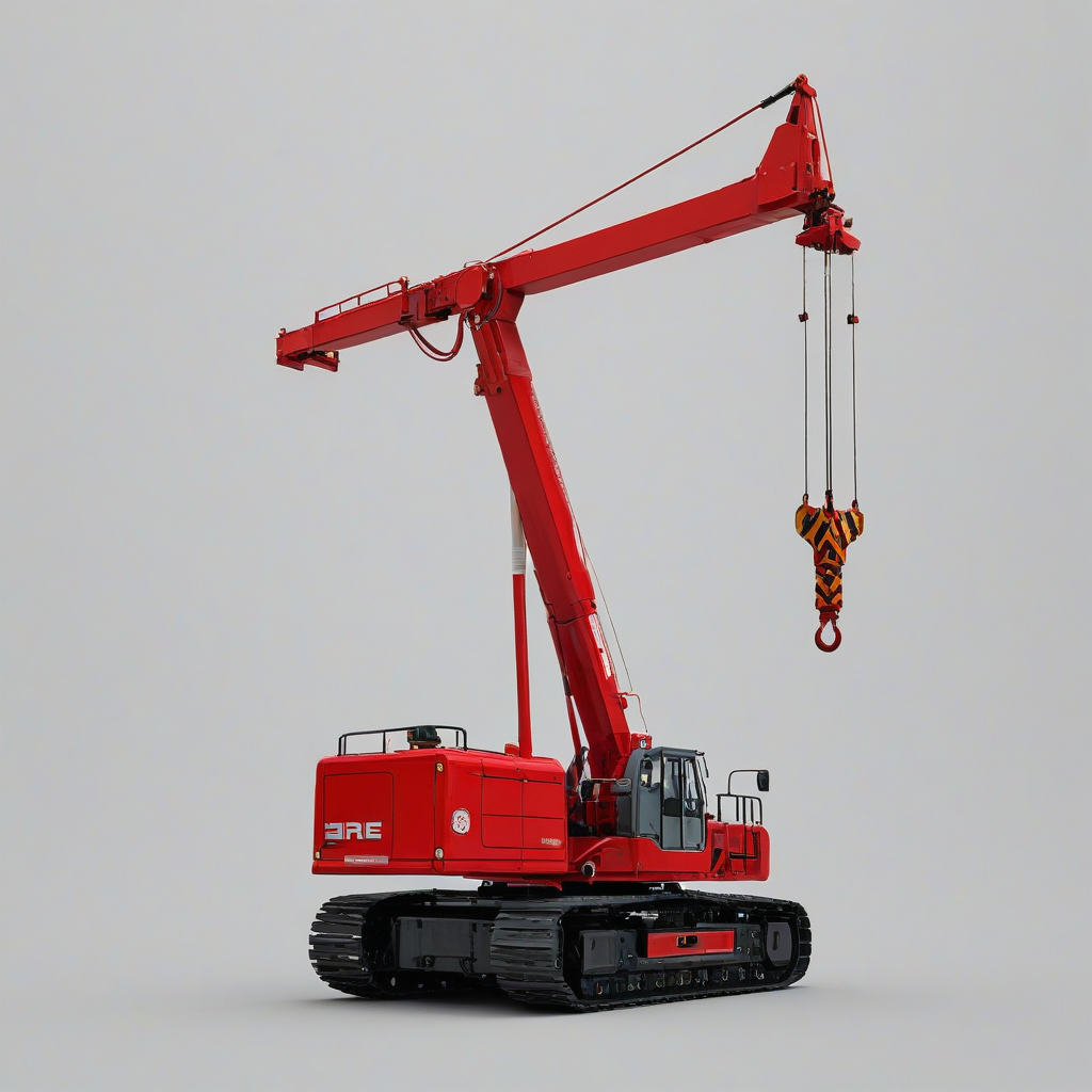 A red, minimalist, full-body view of industrial equipment, such as a crane or excavator, on a plain white background, with a focus on clean lines, simple shapes, and a bold, fire engine red color, in a wide shot, with the equipment's details and textures clearly visible, under a soft, natural light, with no shadows or reflections, in a digital art style, with a subtle gradient effect to enhance the red color, on a plain white background, even lighting