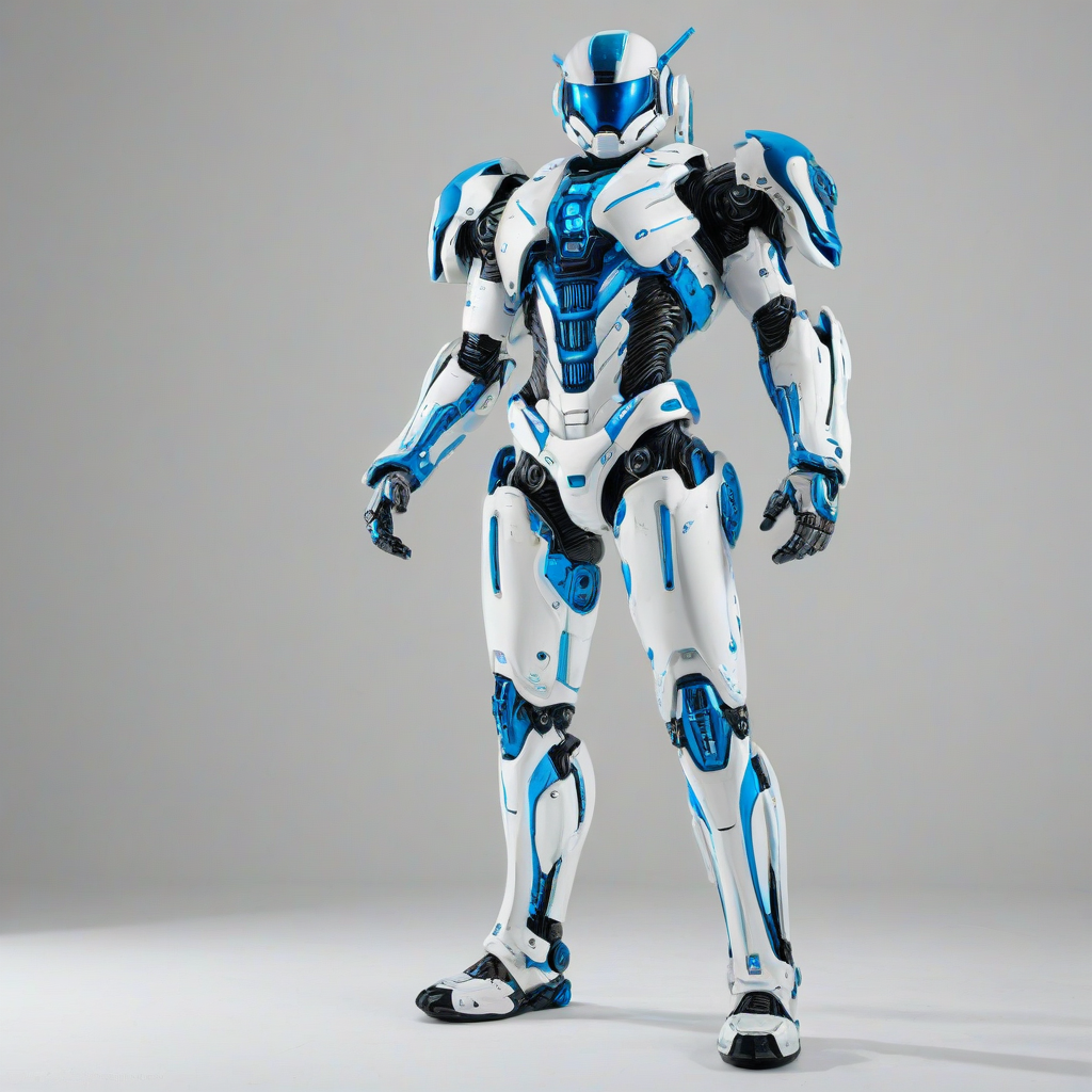 A full-body view of a sleek, futuristic mech suit with a predominantly sky blue color scheme, featuring metallic accents and neon lights, set against a plain white background, with a wide-angle shot and dynamic shadows, in the style of a digital illustration with a mix of realism and sci-fi elements, on a plain white background, even lighting 