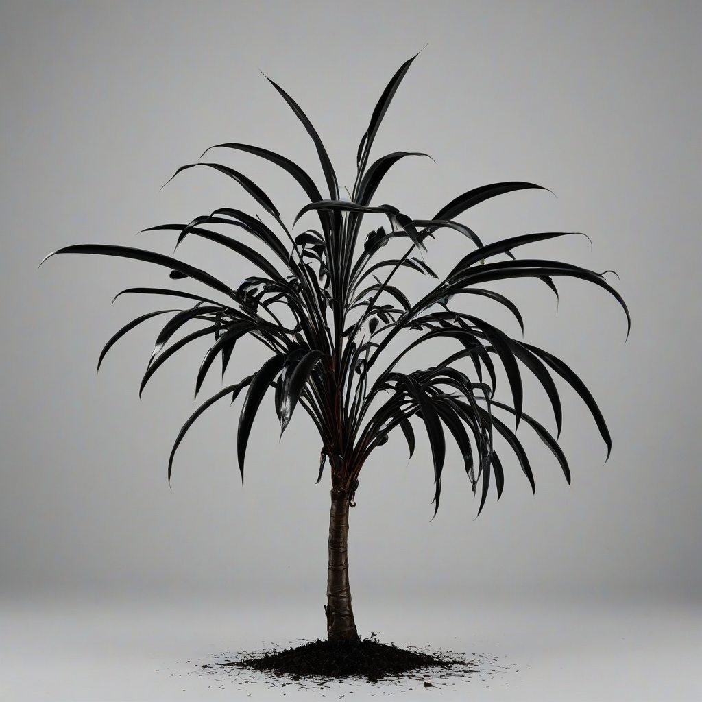 A black, Victorian-style plant with dark, glossy leaves and intricate, ornate details, set against a plain white background, in a wide shot with the entire plant visible, including the roots and the soil, with a dramatic, high-contrast lighting effect and a sense of mystery and elegance, on a plain white background, even lighting