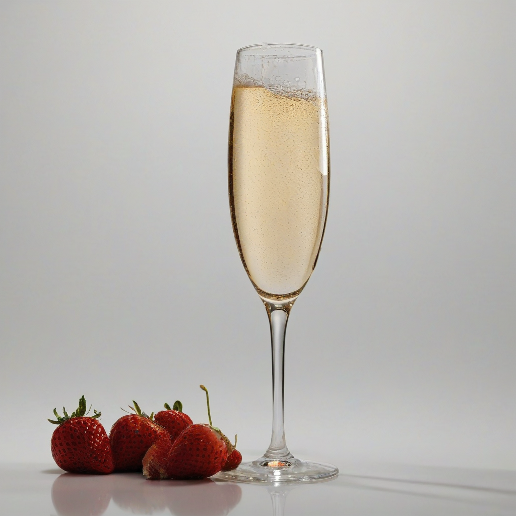 A delicate, crystal clear fluted glass of champagne, filled to the brim with bubbly champagne and a single, ripe strawberry, on a plain white background, wide shot, with the glass in full view, under soft, warm lighting, in a digital art style, with intricate details and textures, on a plain white background, even lighting