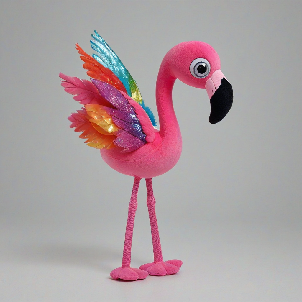 Stuffed animal of hot pink flamingo, with shimmering rainbow wings, big googly eyes, long legs, on a plain white background, even lighting
