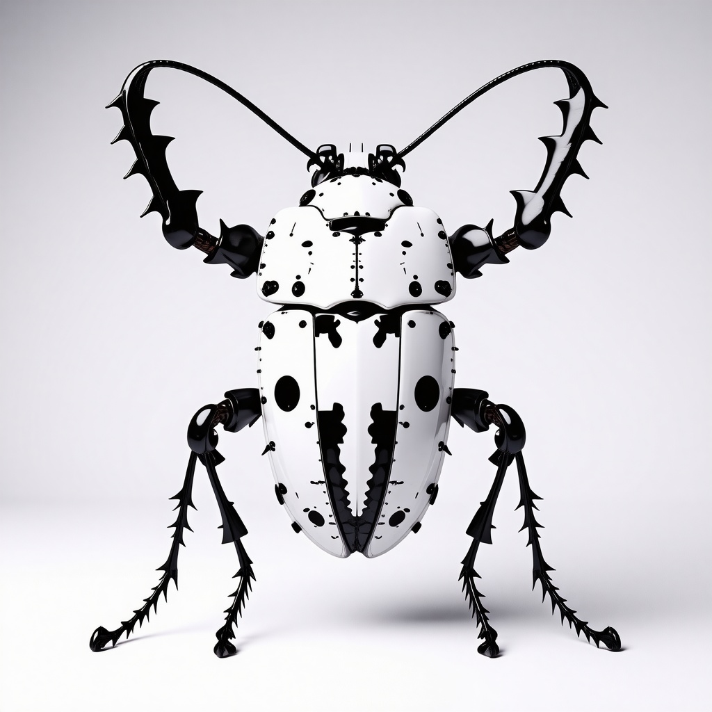 A large, white, beetle insect, with a brutalist architectural-inspired exoskeleton, full-body view, wide shot, feet visible, on a plain white background, with dynamic shadows and hard rim light, in a digital art style