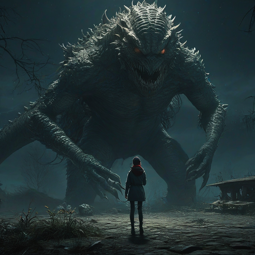 Digital art environmental scene at night, person and scaly monster staring down