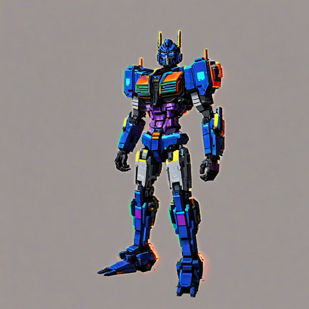 A pixel art style of a transformer, full-body view, neon colors, on a plain white background, even lighting