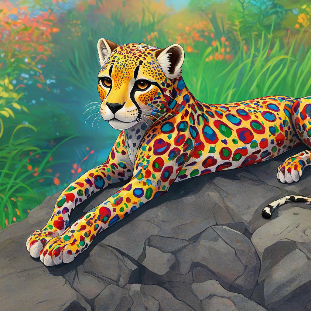Digital anime art of a rainbow cheetah with multicolored, swirly spots, laying on a rock, in a vibrant anime savannah