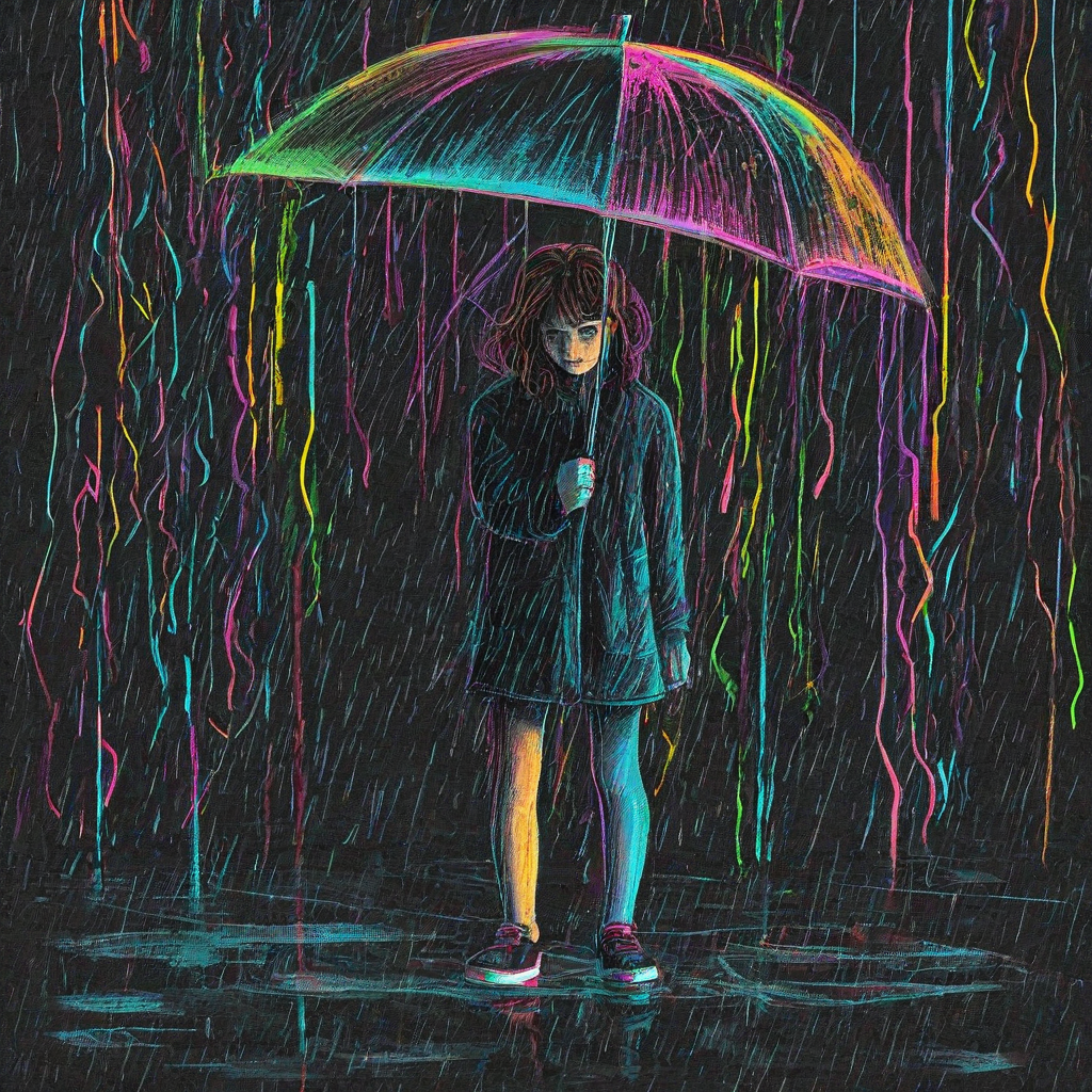 Neon chalk art on a black background of a young girl standing in the rain with a large umbrella, 2d drawing style, bold multi colored lines, somber mood